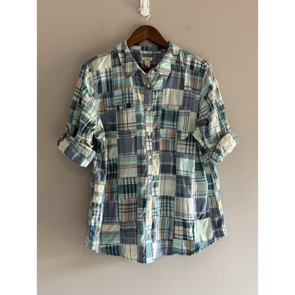 LL Bean Madras Plaid Button Shirt Patchwork Roll Tab Sleeve Country Cottage XL - Picture 2 of 16